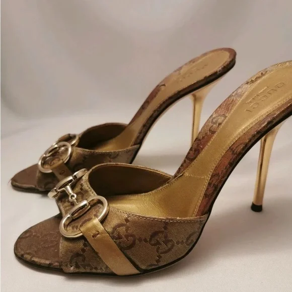 GUCCI Crystal Horsebit GG Heeled Monogram Gold Stiletto Mules size 8 & dust bag - Picture 6 of 17